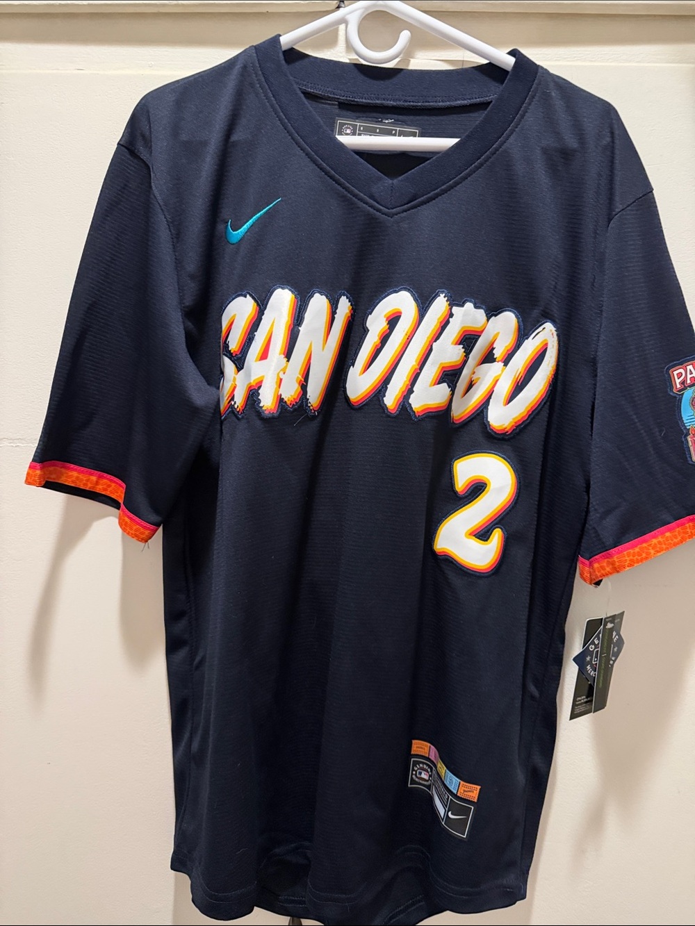 Nike Navy San Diego Script Baseball Jersey with Orange Trim